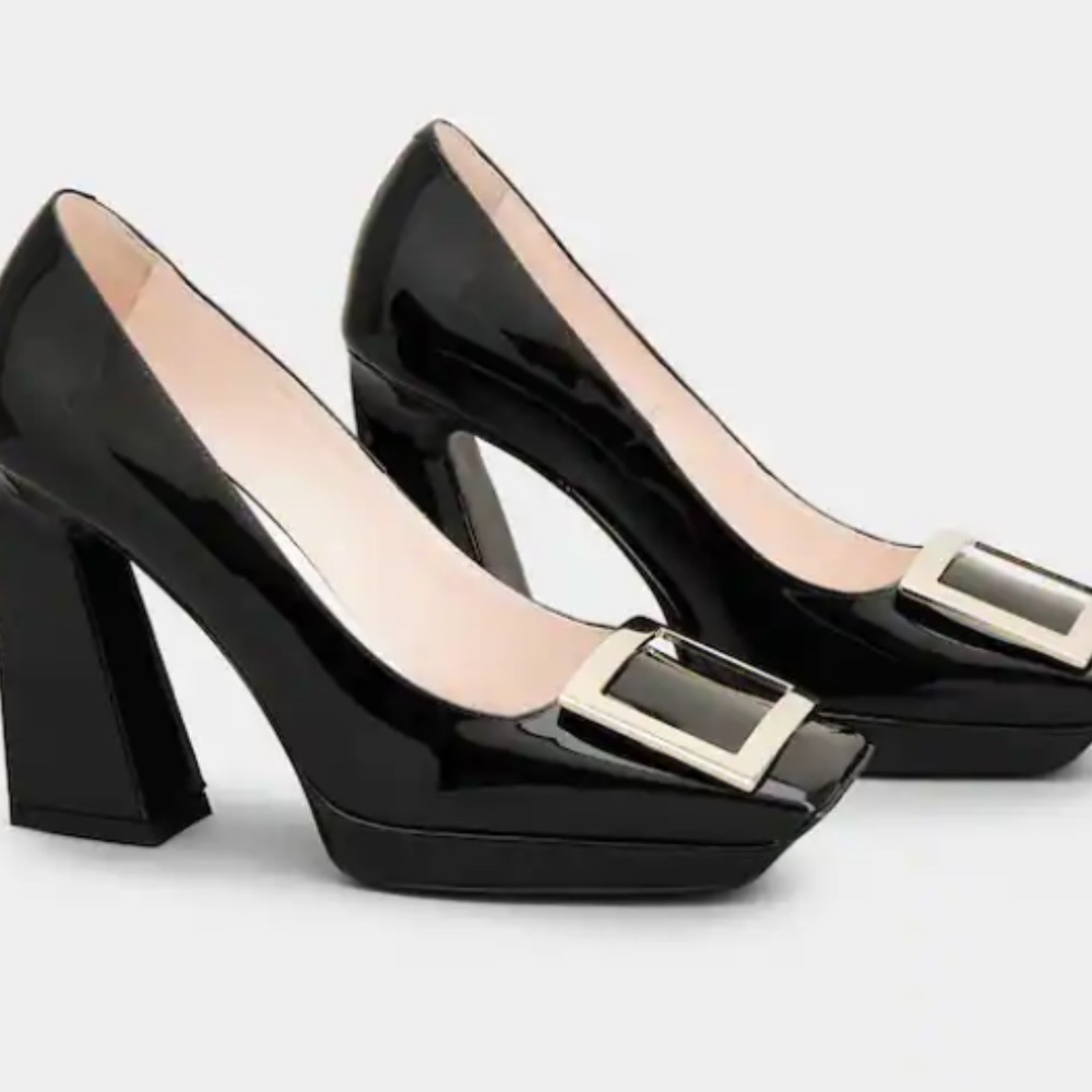 Roger Vivier Viv' Square Metal Buckle Platform Pumps in Patent Leather